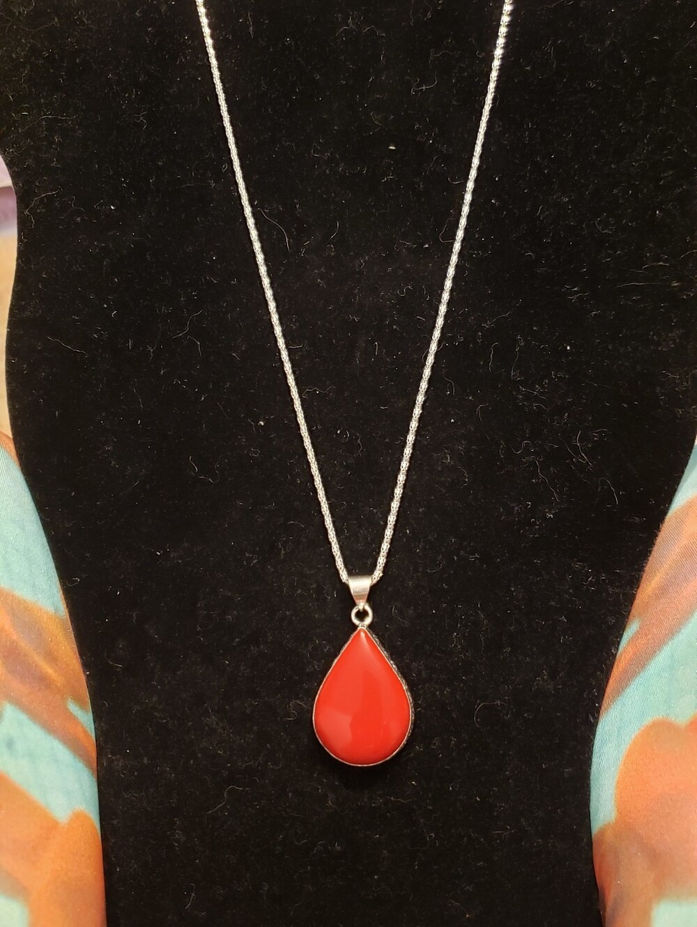 NEW Sterling RED CORAL Pendant, Stamped 925 Silver On Bail, Long Silver Chain.